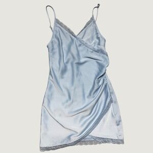 Urban Outfitters Light Blue Satin Lace Trim Ruched Mini Slip Dress Small